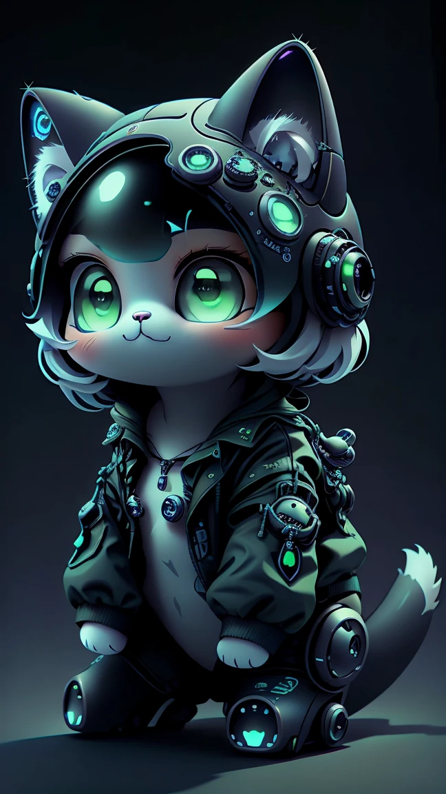 A mini cute surreal futuristic mechanical cat wearing a black jacket. blue skin. cinematic, Super detailed, White gradient background , Very detailed, zoom out, green eyes