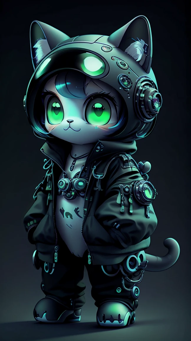 A mini cute surreal futuristic mechanical cat wearing a black jacket. blue skin. cinematic, Super detailed, White gradient background , Very detailed, zoom out, green eyes