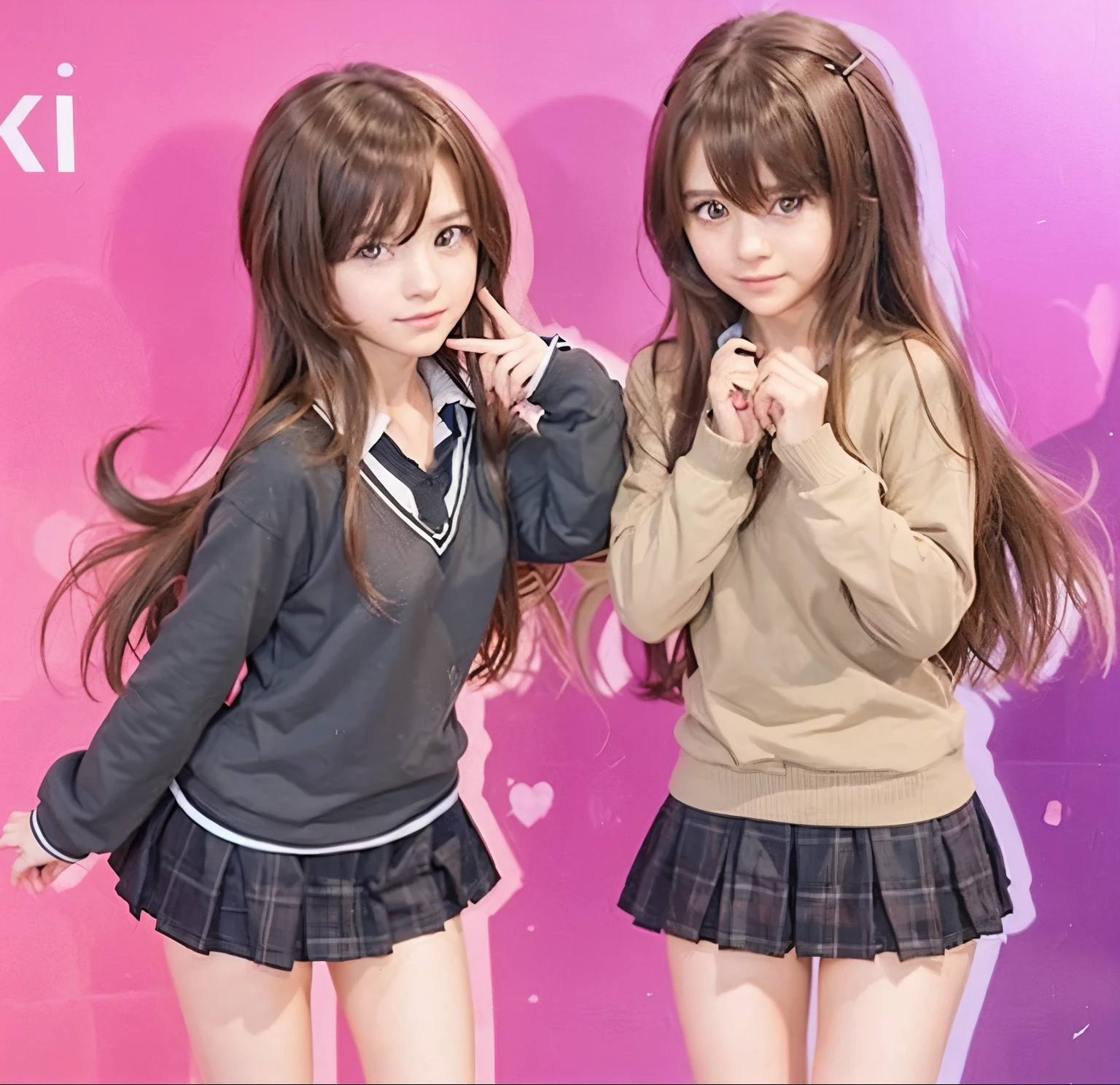 tidentical twin sisters, brown hair, two girl anime, twins