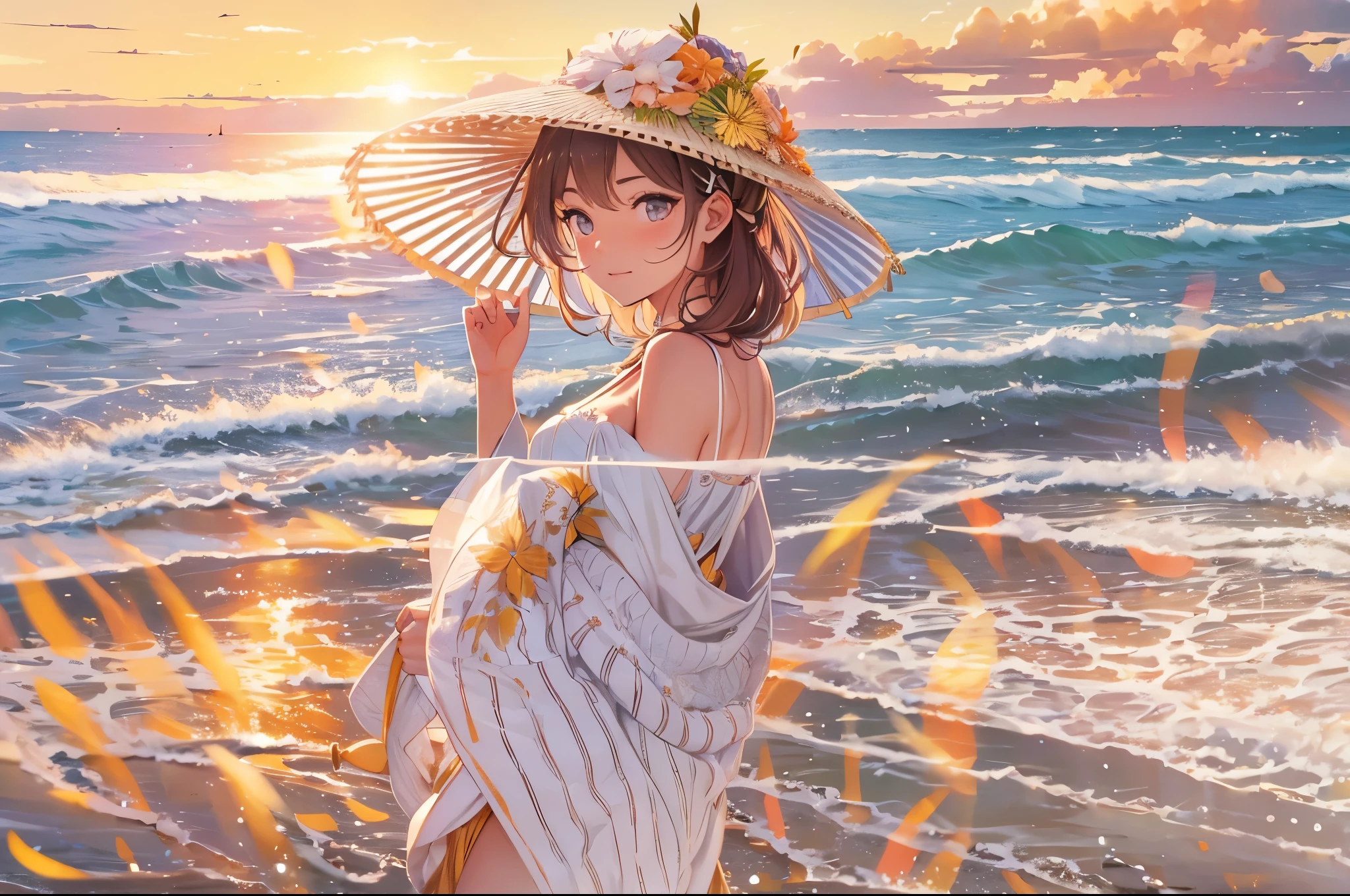 (best quality,4k,8k,highres,masterpiece:1.2),ultra-detailed,(realistic,photorealistic,photo-realistic:1.37),a girl with sunscreen on her face, sparkling sea, sunset,drawn with oil paints, surrealistic style, vibrant colors,soft lighting, beach scene, palm trees, gentle breeze, the girl's skin glowing with golden reflection, beach towel, sun umbrella
