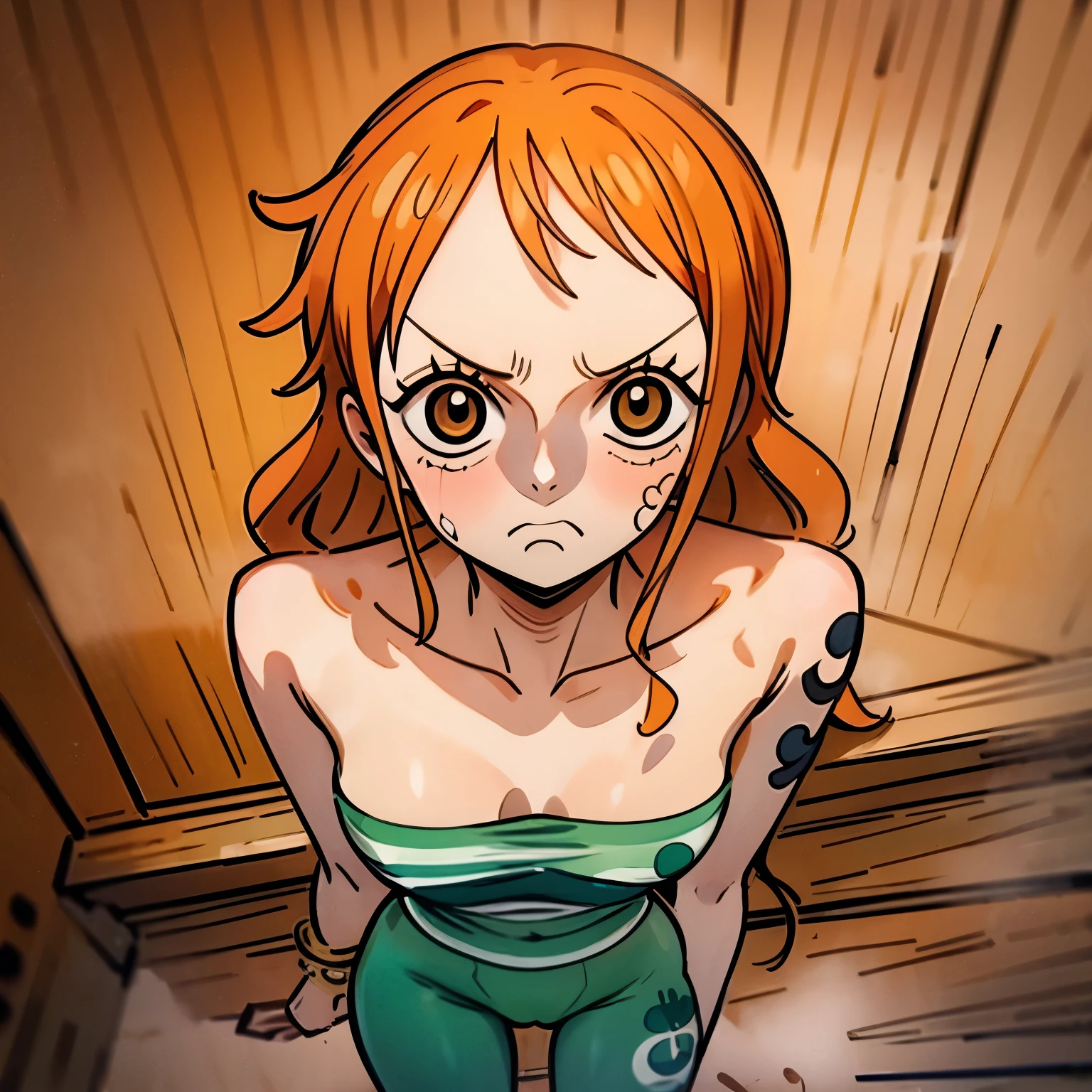 Nami from one piece, topless,  cuerpo completo, cara perfecta, grandes ojos marrones, piernas largas, vagina expuesta, small ass, Dynamic poses, Hoja de personaje, piel planca, pezones rosa, tetas enormes, facial expresions, pelo naranja, multiple angles, perspectiva, multiple images, pose de pie, shower, bathroom sauna background, sonrojada, sudor, mojada.