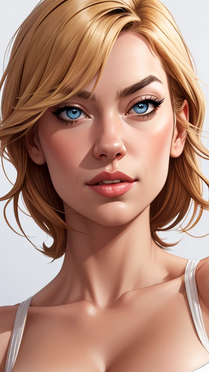 Sensual secretary in Artline Yvonne Strahovski Cartoon style with portrait image from waist to head with medium to large breasts seductive eyes sensual lips style digital illustration white background sensitive light filter