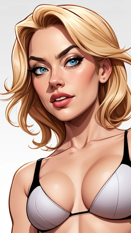 Sensual secretary in Artline Yvonne Strahovski Cartoon style with portrait image from waist to head with medium to large breasts seductive eyes sensual lips style digital illustration white background sensitive light filter