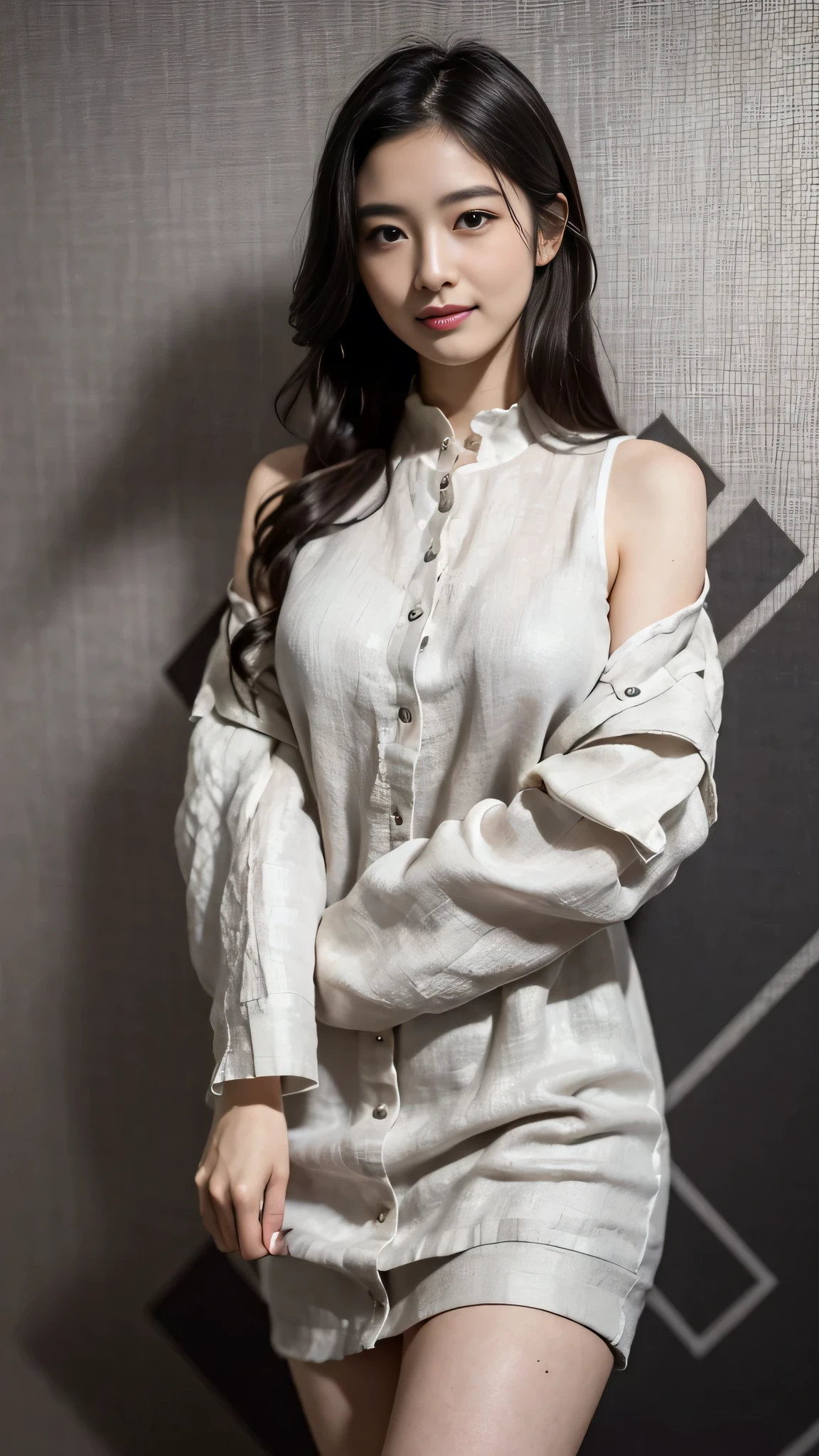 ((top quality, 8K, masterpiece:1.3)), (focus control:1.2), (Perfect Body Beauty:1.4), ((delicate hair)), (Highly detailed face and skin texture), fair eyes, double eyelid, (shiny skin:1.3), 1 woman, (dark brown wavy hair), (beautiful teeth), very small face, smile, Concentrate upon: 1.2, socks, fantastic garden, matted hair, droopy eyes, (linen dress:1.4), japanese girl, (huge wallpaper background:1.4), A variety of colors, Ramie short jacket, (Cowboy Short:1.4), sexy,