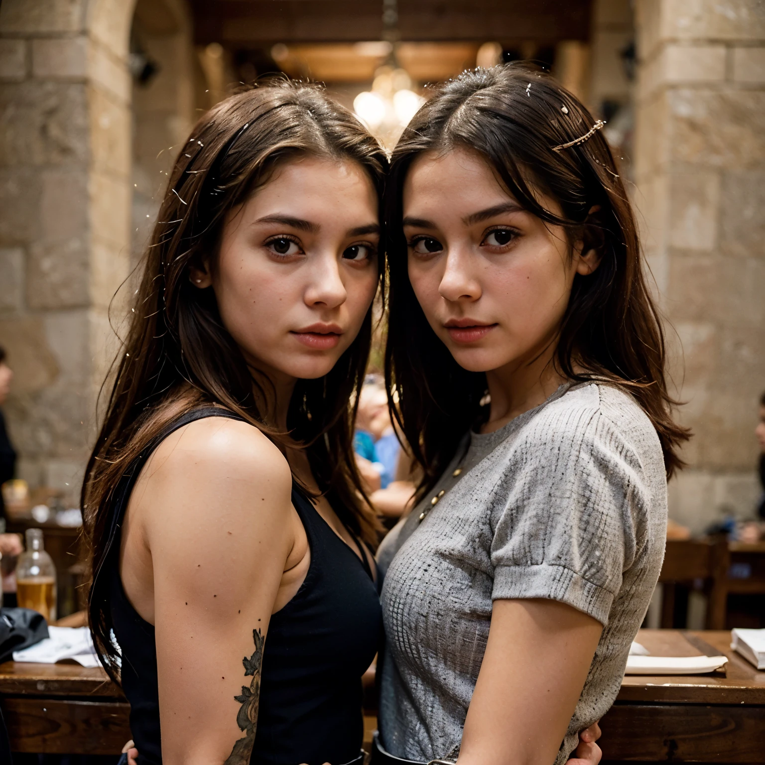 Image of two 19 year old girls, exactamente identicas, solo que una es hija de una campesina, y la otra es hija de los reyes, que vivia en el castillo, las dos tienen los ojos cafes oscuros, el cabello negro, small eyes, a small mouth and small nose, las dos son de tez clara pero las dos tienen un mirada muy diferente apesar de ser iguales, una con vestido de princesa y la otra con un vestido corto y A LA PAR de ellas hay UN HOMBRE alto con un cuerpo robusto, vestido como principe elegante, con los ojos negros, una nariz grande y una boca grande, con el cabello un poco desordenado