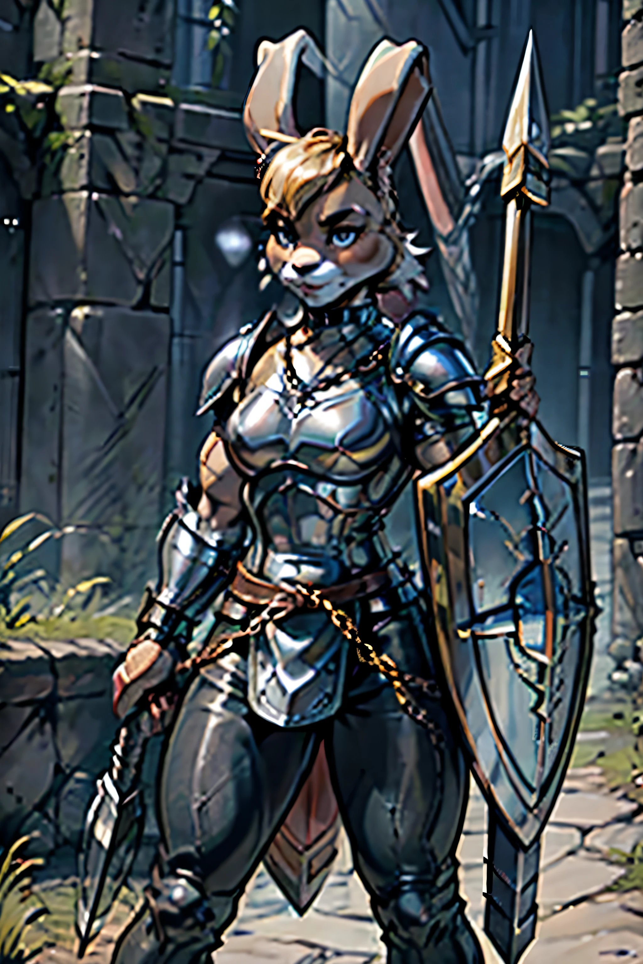 16k, HD, Professional, Highly Detailed, ((Masterpiece: 0.3)), (((High Quality))), Ultra-detailed face, Highly Detailed Lips, Detailed Eyes, full body, femboy, (anthro (rabbit)), fighter, ((chainmail) armor), (holding a (spear (trident))), 2 legs, white fur, (holding (shield)), digitigrade legs, paw hands, furry face, pants, gold hair, messy, short hair, rabbit muzzle, high detail, clear lines, ((long) rabbit ears)