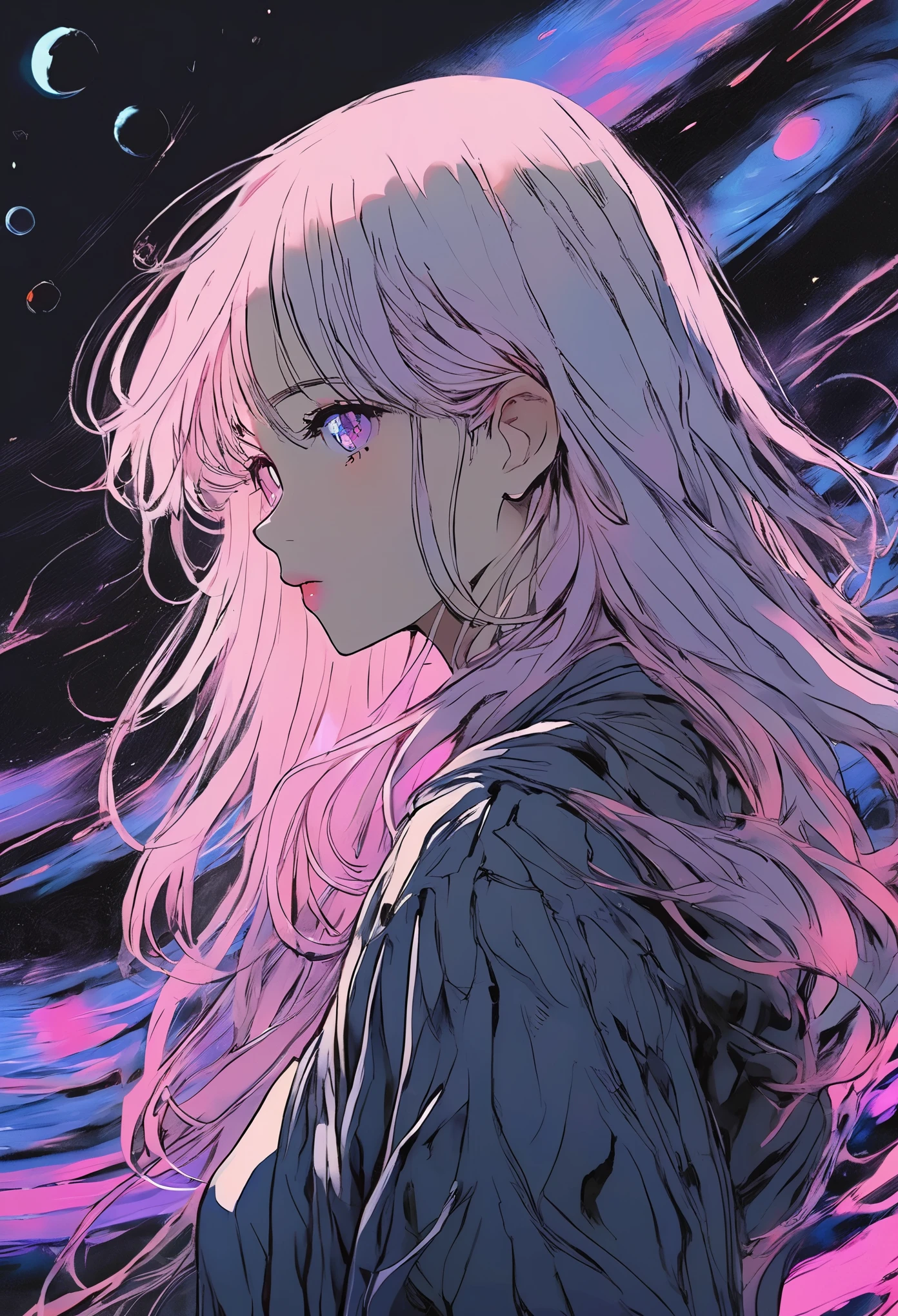 (best quality, sketch:1.2), epic realistic,(ultra details ayes),illustrator,anime,1 girl, detailed lips,custom, gradient background,neon hair,textured cropping, masterpiece, anime, a woman standing looking at a black hole, fantasy world, trending on art station, space art, dreamy psychedelic anime, beautiful anime scene, anime epic artwork. anime, photo picture poses, average height