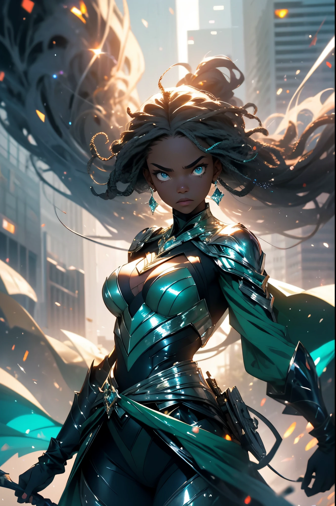 POV shot of black woman surrounded by glittering bursting mirror glass particles, shooting an arrow through her bow, dressed in african designed attire, her image partially blurry, blue eyes and curly hair, death stare at the viewer, buildings and people in background aggressively blown in air by a hurricane, she's standing firm in a city,  glittering and shimmering light reflecting on the mirror glass particles providing a beautiful and atmospheric scenery, beautiful and moody images, green, grey and silver colour grading.