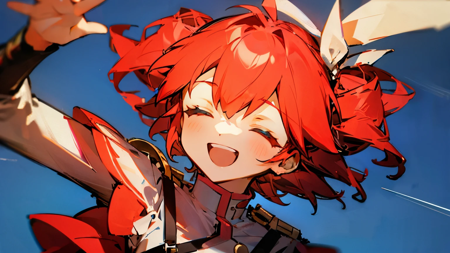 Red-haired girl, laughing as she reaches up and raises her hand above her