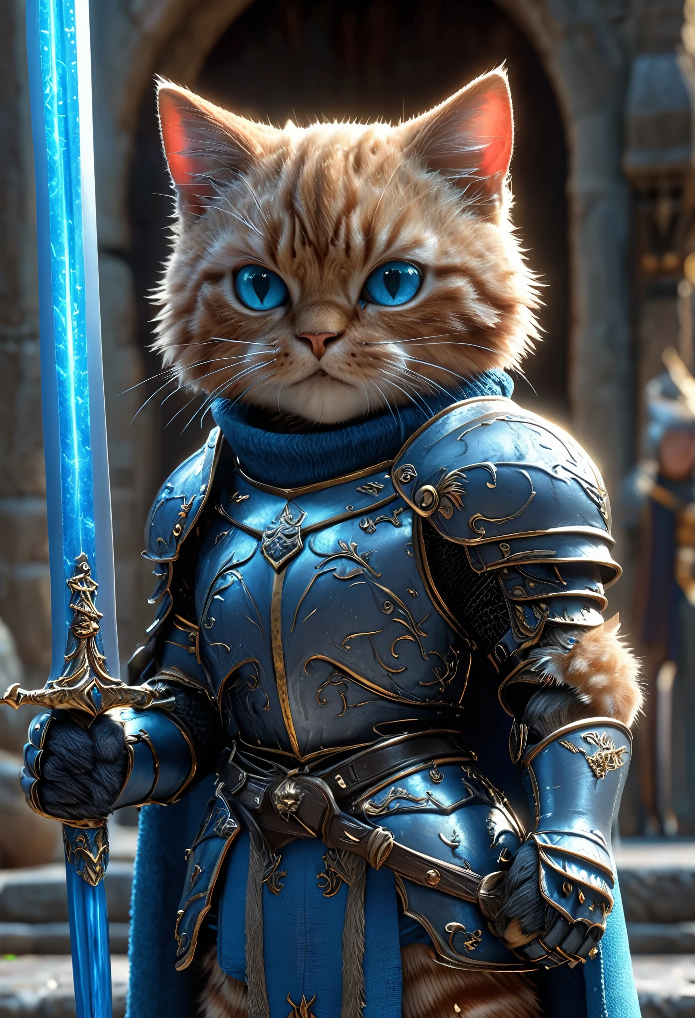 Close up shot of a cat, Cat Knight,Full body, holding blue sword, wearing dark armor, castle background, HD, masterpiece, best quality, hyper detailed, ultra detailed, super realistic,
 hkstyle, 3d fluffy, closeup cute and adorable, cute big circular reflective eyes, long fuzzy fur, Pixar render, unreal engine cinematic smooth, intricate detail, cinematic