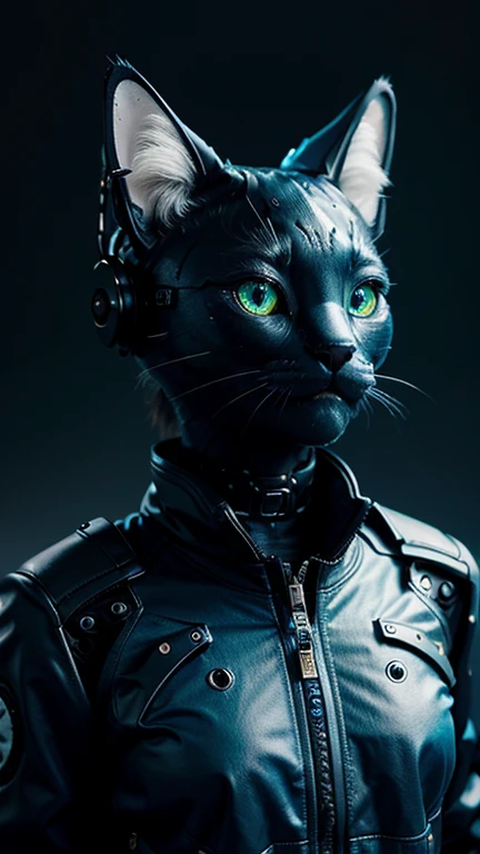 A mini cute surreal futuristic mechanical cat wearing a black jacket. blue skin. cinematic, Super detailed, White gradient background , Very detailed, zoom out, green eyes