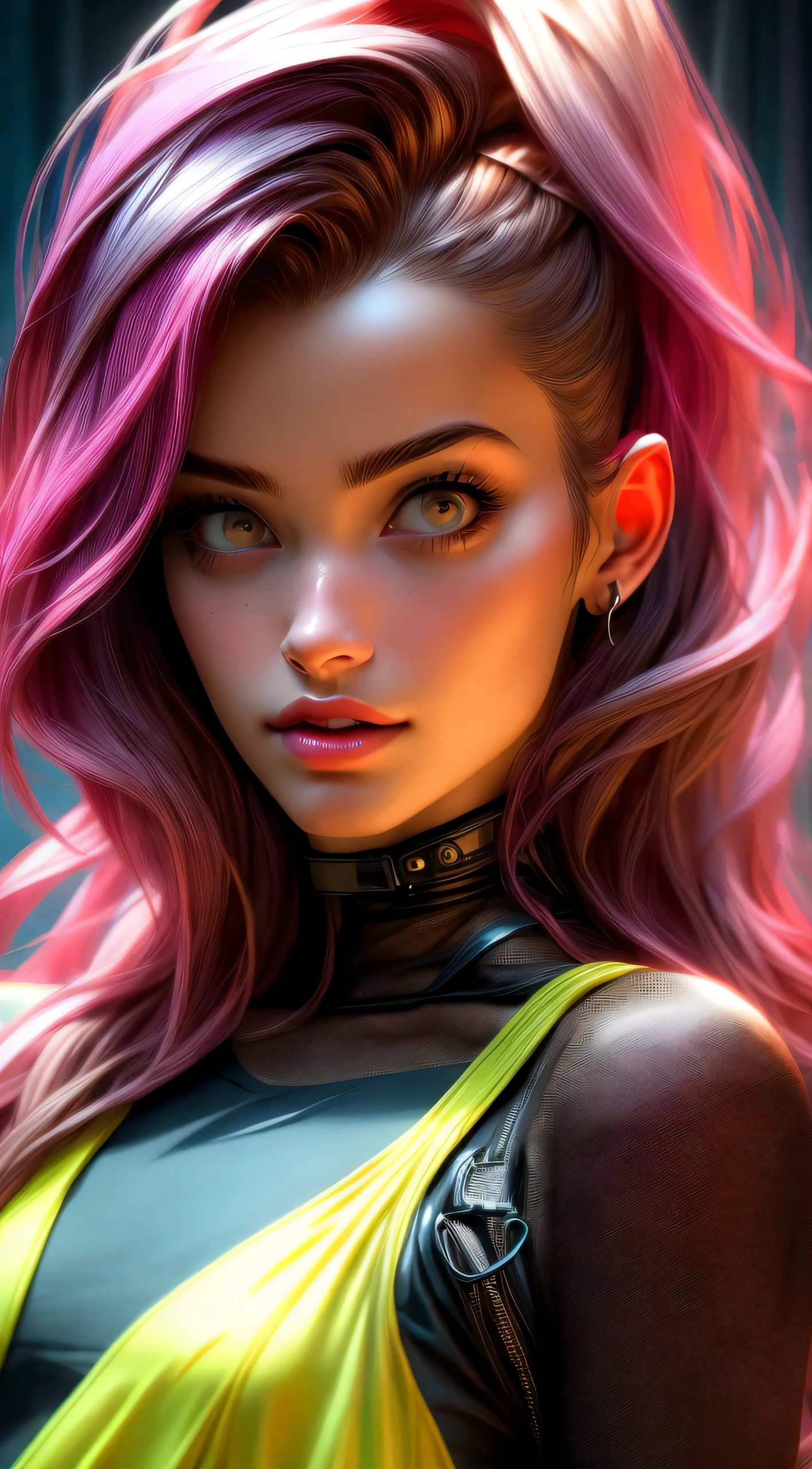 ((Long shot: 1.4, dynamic pose: 1.4)), (( 1 young woman alone:1.5)), (( beautiful, sensual and self-confident: 1.5)), (( brown eyes light and bright, cyberpunk hair:1.5)), ((ultra detailed:1.5)), sensual smile, beautiful full and shiny lips, with tattoo on arm and cheek, handsome hairstyle:1.2, cyberpunk, handsome cyberpunk, dreamer, (( beautiful and detailed hair, soft and shiny:1.3)), dark atmosphere, cyberpunk clothing, ultra-realistic 8k, cyberpunk 20 years. a model child, the portrait, highly detailed 32k digital art, beautiful digital artwork, Cyborg Cyberpunk. ((colors, cyan, greens, pink, brown: 1.2)), 8k realistic digital art, soft neon lighting on the face and body, ((highly detailed: 1.4), ((masterpiece)), (hyper detailed and beautiful: 1.3), (Photorealistic: 1.4)