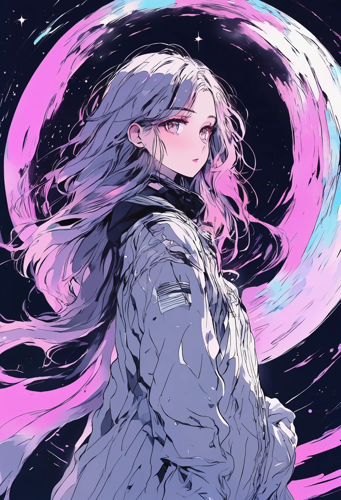 (best quality, sketch:1.2), epic realistic,(ultra details ayes),illustrator,anime,1 girl, detailed lips,custom, gradient background,neon hair,textured cropping, masterpiece, anime, a woman standing looking at a black hole, fantasy world, trending on art station, space art, dreamy psychedelic anime, beautiful anime scene, anime epic artwork. anime, photo picture poses, average height