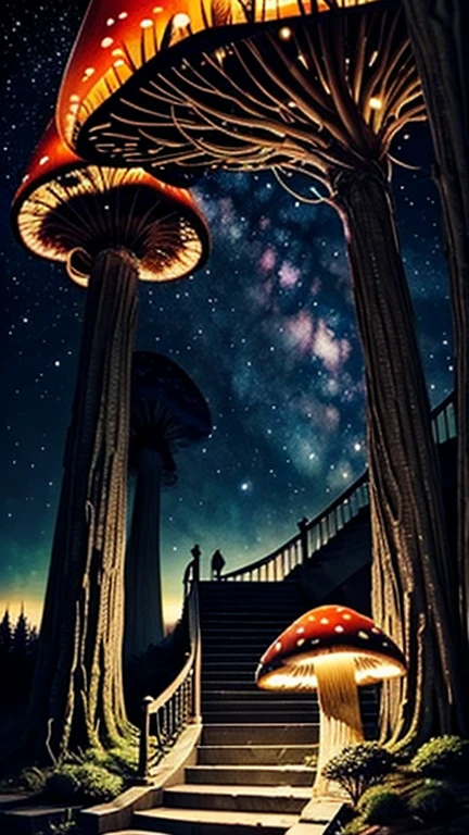 A stunningly beautiful and dark forest path，There are many huge elaborate glowing mushroom houses，There are windows and stairs，detailed，3D depth，starry sky background，Tightly rendered oil painting，burst of color，phosphorescence，A masterpiece of deviantart，Agnes Cecile style，--v 6.0 --ar 2:3