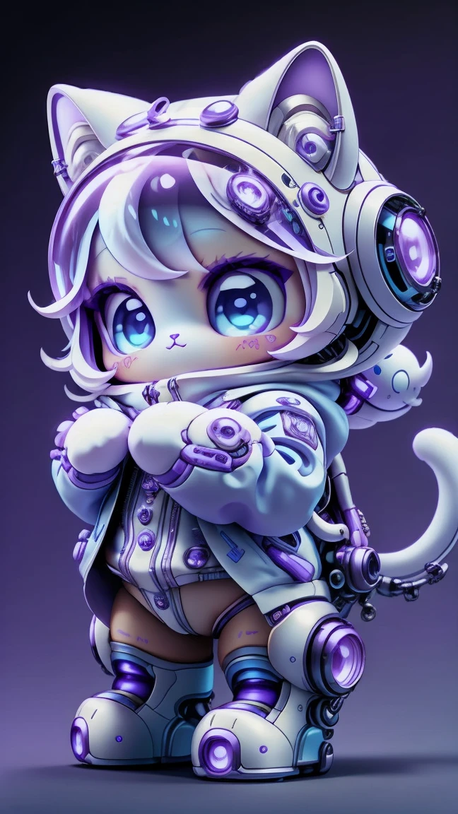 A mini cute surreal futuristic mechanical cat wearing a white jacket. blue skin. cinematic, Super detailed, White gradient background , Very detailed, zoom out, purple eyes