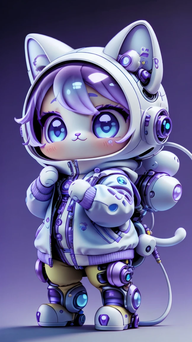 A mini cute surreal futuristic mechanical cat wearing a white jacket. blue skin. cinematic, Super detailed, White gradient background , Very detailed, zoom out, purple eyes