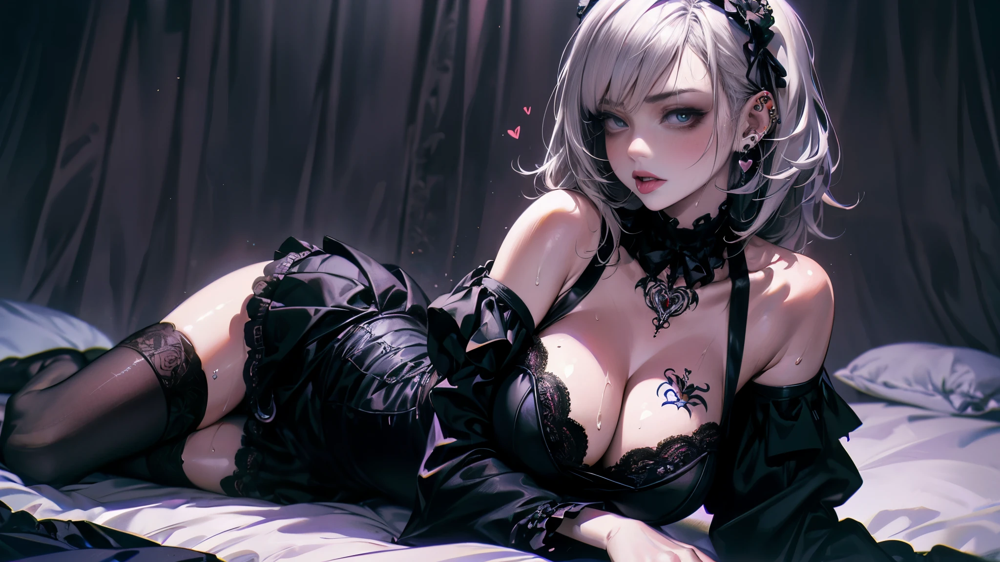 (Best quality, 8K, Masterpiece:1.3, 1girl, solo, Beautiful girl), cute, Dynamism, Detailed face, Detailed skin, detailed clothes, Detailed eyes, Detailed lips, Detailed tongue, Detailed fingers, Detailed mouth, Photorealistic, Raw photo, highres, hight resolution, Natural lighting, perfect anatomy, toned legs, double eyelids, tear bags, round eyes, moist lips, sweaty, ecstatic face, ((gothic ta, gothic loliashion, body piercing, piercings, earrings, heart-tattoo on cleavage)), skirt, grey hair, rainbow hair, monochrome, lace thighhighs, cum on breasts, blue pupil, half closed eyes, looking at viewer, masturbation, gothic mansion, lying down, ahegao,