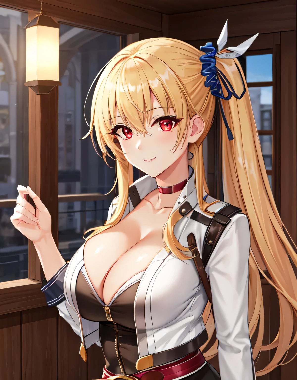 alisa reinford,side ponytail,sen3alisa,scrunchie,choker,white jacket,white dress,red belt,indoor room,light smile,(large breasts:1.5),shiny,hair,((solo)),((masterpiece)),((best quality)),perfect anatomy,slim waist,perfect image,8k UHD,(beautiful detailed eyes:1.5),extremely detailed face,standing,(upper body:1.1),(look at the front:1.2),arms behindback,ultra-detailed,absurdres,highres,(shiny hair),(red eyes:1.2),(blonde hair),cleavage,