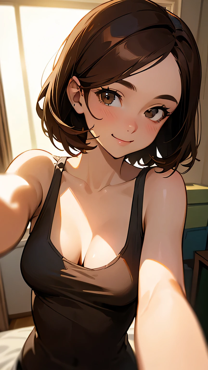 (Best quality, dynamic lighting, highly detailed, HDR) Brown haired young woman, mature, beautiful, bob hair, brown eyes, slim, medium-small breasts, white tanktop,  cleavage, bare shoulder, seflie angle, smiling, bedroom background.