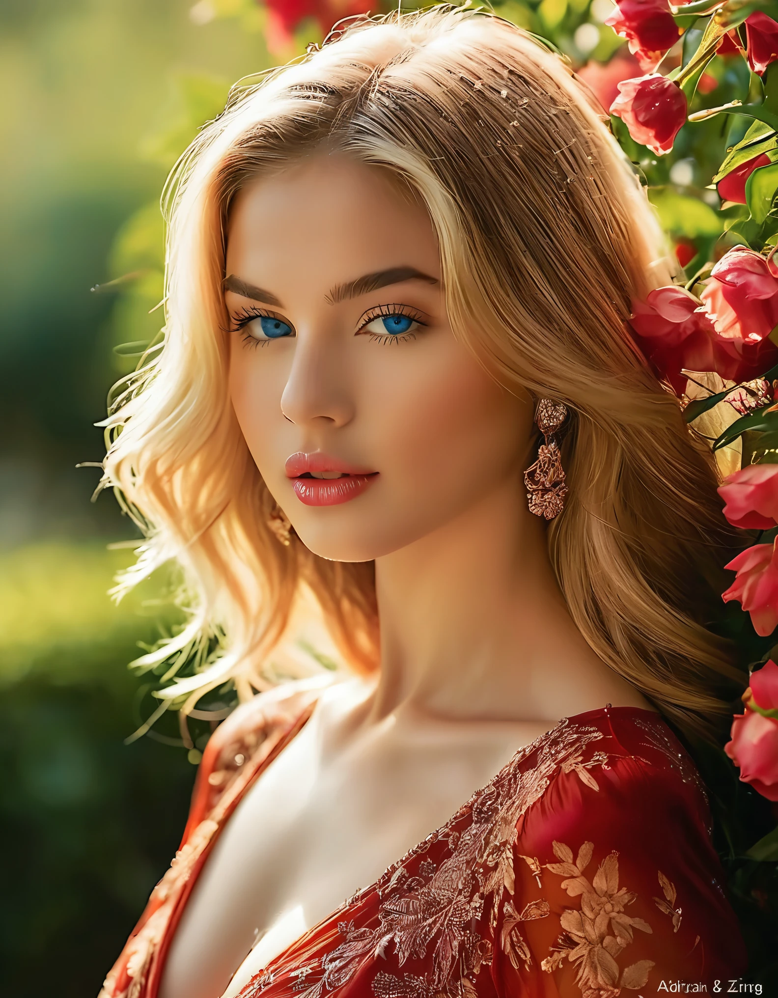 (a woman in a red top,posing for a picture:1.7,Adrian Zingg:1.2,tumblr,sfw),ultra realistic picture,alexa grace,misty and wet,thin waist,round hips and butt,full body:1.7,ultra defined muscles,flawless complexion,detailed hair, radiant smile,long flowing blonde hair:1.1,sparkling blue eyes,perfectly shaped eyebrows,natural rosy cheeks,plump and luscious lips,sensual gaze,piercing stare,mysterious aura,confident and alluring pose,graceful and elegant posture,tall and slender figure:1.1,captivating beauty,breathtaking curves,mesmerizing presence,beautiful natural lighting,soft and gentle shadows,vibrant and vivid colors:1.1,rich and warm color palette,evokes a sense of serenity and tranquility,perfectly balanced composition,sensational depth and dimensionality,impeccable attention to detail,subtle nuances and textures,lifelike skin texture,soft and touchable fabric,meticulously painted nails,exquisite jewelry and accessories,scenic background with lush foliage and blooming flowers,dew drops glistening on petals,gentle mist enveloping the surroundings,peaceful and serene atmosphere,unforgettable masterpiece:1.2.