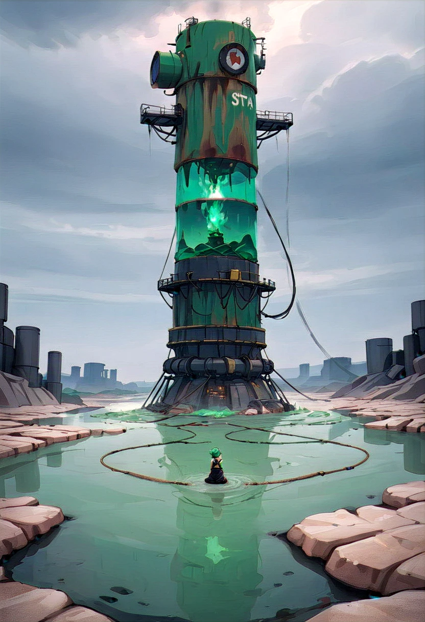 ssta, dreamlikeart, A girl, a researcher at a petrochemical plant, sits atop a tower made of glass. She stands in the middle of a big and muddy lake filled with phlogon. The water beneath shows a dramatic green-colored river running through it. There are burning ropes and stones, splashing water, sunken city below. It feels like home. Cinematic lighting, Cinematic Movie Photograph, Arri Alexa, Extremely Detailed, smooth, very very clean, 8K, octane render, maya render, unreal engine, trending on artstation, DSLR, excellent composition, center frame
