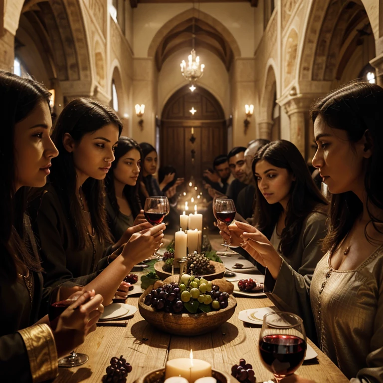 (best quality,highres,photorealistic),3D rendering,symbolic religious painting,traditional art,fine craftsmanship,detailed depiction,sacred atmosphere,historical scene,saints seated at a long table,diverse group of disciples,elegant design,elaborate drapery,expressive faces,soft lighting,heavenly glow,sombre color palette,faithful representation,holy moment,central figure of Jesus Christ,surrounded by twelve apostles,Jesus breaking bread,wine pouring into chalices,grapes displayed abundantly,meaningful gestures,deep spirituality,symbolic of Last Supper,iconic Christian artwork,sacrament of Eucharist,reverent ambiance,historical accuracy,lifelike portrayal