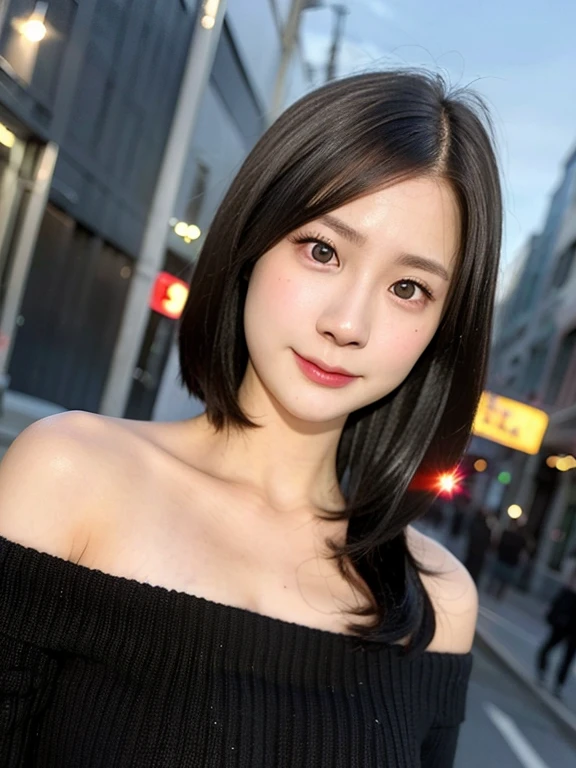 (kawaii 24 year-old Japanese girl, Nogizaka idol, Korean idol), (glossy black hair, pixie cut:1.3), (rounded face, single eyelid, no makeup, soft smiling:1.2), forehead, (wearing off-shoulder knitted sweater:1.3), (well shaped extra small breasts), (looking at viewer:1.2), BREAK, (at night street in downtown background:1.3), (dynamic angle:1.3), BREAK, (masterpiece, best quality, photo realistic, official art:1.4), (UHD, 8K quality wallpaper, high resolution, raw photo, film grain:1.2), (shiny skin), professional lighting, physically based rendering, award winning, (perfect anatomy, highly detailed skin textures, extremely detailed face and eyes, well drawn glittering pupils), Carl Zeiss 85 mm F/1.4, depth of field, 1girl, solo,