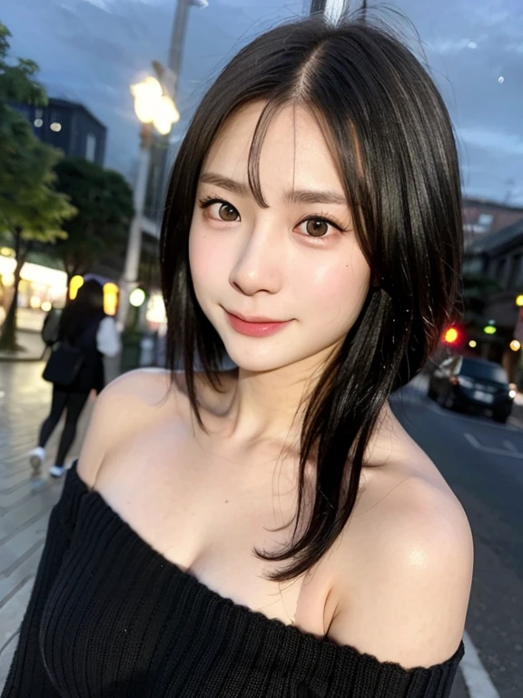 (kawaii 24 year-old Japanese girl, Nogizaka idol, Korean idol), (glossy black hair, pixie cut:1.3), (rounded face, single eyelid, no makeup, soft smiling:1.2), forehead, (wearing off-shoulder knitted sweater:1.3), (well shaped extra small breasts), (looking at viewer:1.2), BREAK, (at night street in downtown background:1.3), (dynamic angle:1.3), BREAK, (masterpiece, best quality, photo realistic, official art:1.4), (UHD, 8K quality wallpaper, high resolution, raw photo, film grain:1.2), (shiny skin), professional lighting, physically based rendering, award winning, (perfect anatomy, highly detailed skin textures, extremely detailed face and eyes, well drawn glittering pupils), Carl Zeiss 85 mm F/1.4, depth of field, 1girl, solo,