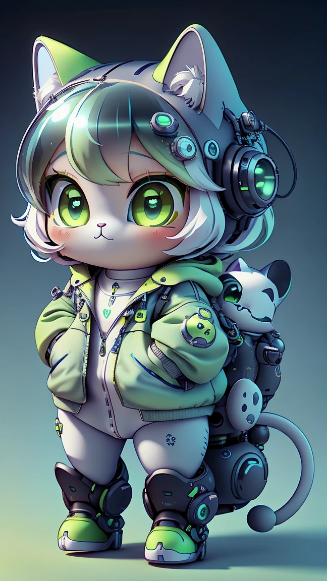 A mini cute surreal futuristic mechanical cat wearing a green jacket. blue skin. cinematic, Super detailed, White gradient background , Very detailed, zoom out, yellow eyes