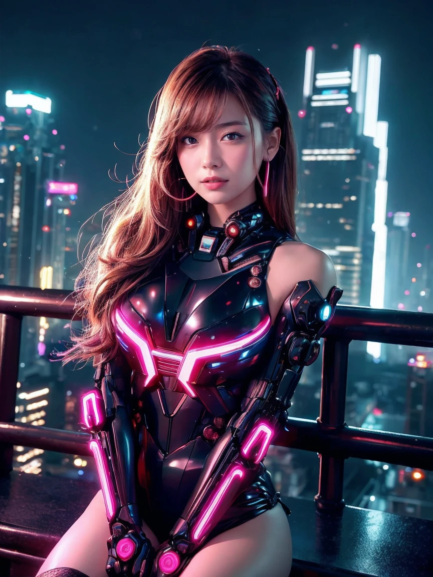 最high quality, masterpiece, 32k、Super detailed、realistic、1 girl, japanese woman、cute face, (photo actual:1.3), edge lighting, (high detail skin:1.2), 8K超High resolution, Single-lens reflex camera, high quality, High resolution, 4k, 8K, Optimal ratio of 4 fingers to 1 thumb, (actual:1.3), cute 1 girl, realistic、Super realistic、32k、Super detailed、masterpiece, 最high quality, beautiful girl, beauty、small breasts, Mecha, beautiful lighting, (neon light:1.2), (night:1.5), cyberpunk costume、sitting,Cyber Neon、future city、Skyscraper、都会のnight、Shanghai