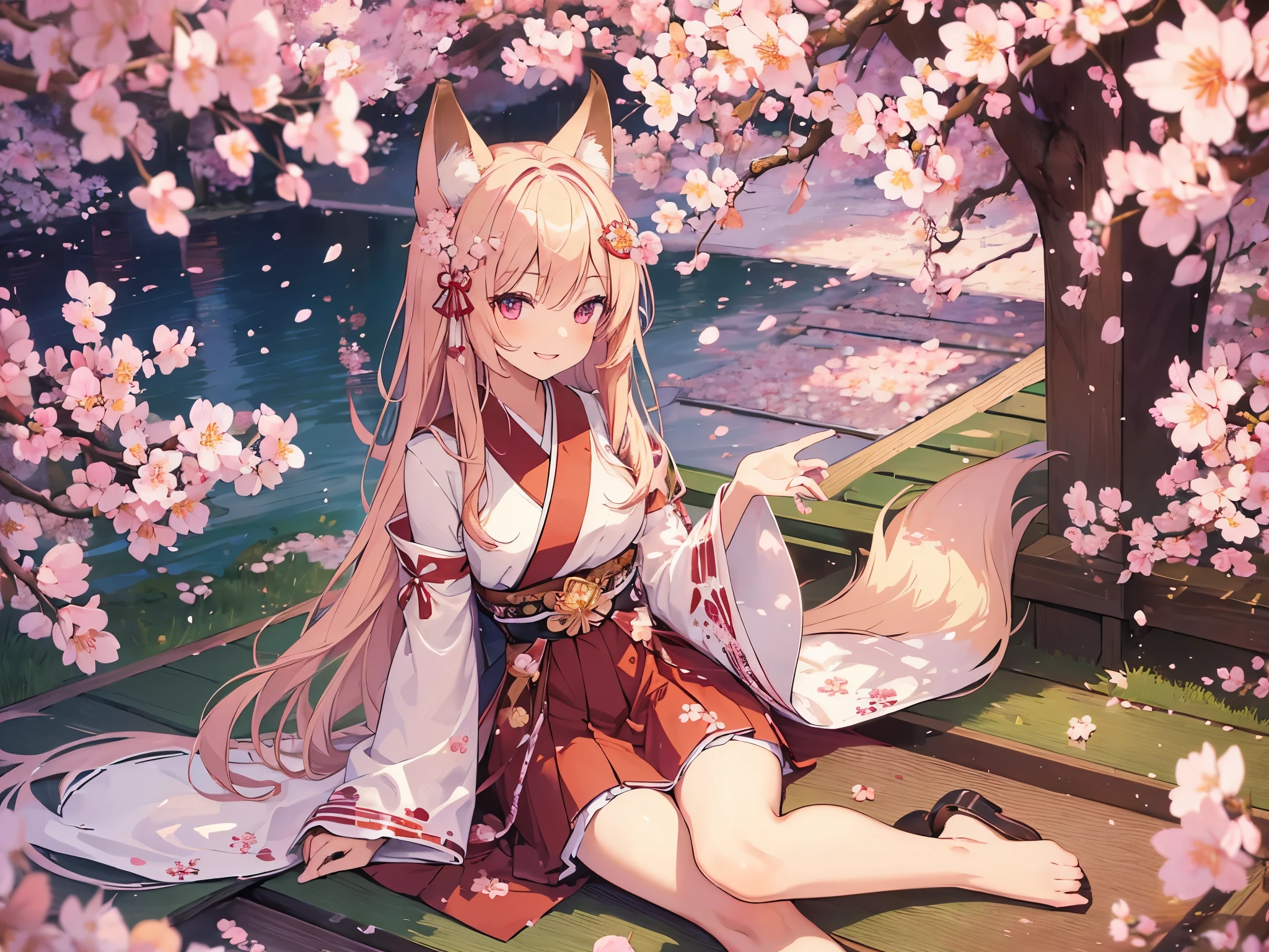 (highest quality), (masterpiece), (ultra detailed), One beautiful girl, fox girl, 15 years old, cute, long hair, (smile), (ultra detailed face and eyes), (cherry blossoms petals:1.3), cherry blossoms, Japanese garden, Cherry-blossom viewing, Miko costume, slender legs, sitting, from front, outside, wide sleeves, long sleeves,