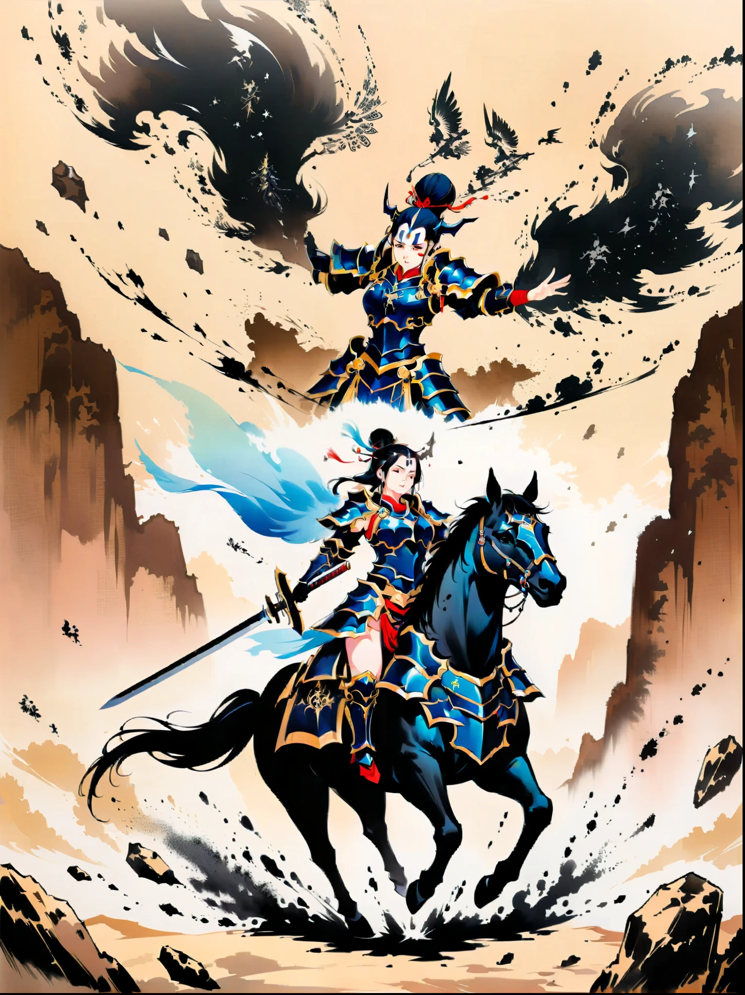 Ink painting,((imagine)),((whole body)),((Beautiful woman wearing dark blue Warring States armor)), (Anatomically correct and precise facial structure, detailed facial depiction, and delicate facial features),on a black horse, 机械手臂握着长sword, A desert behind you,sword,Flying sand and rocks, Ink martial arts style, (anatomically correct),Ultra HD resolution,Freehand style,majestic,Natural light,(first-person view, masterpiece, ccurate, anatomically correct, high details, best quality, 8k)