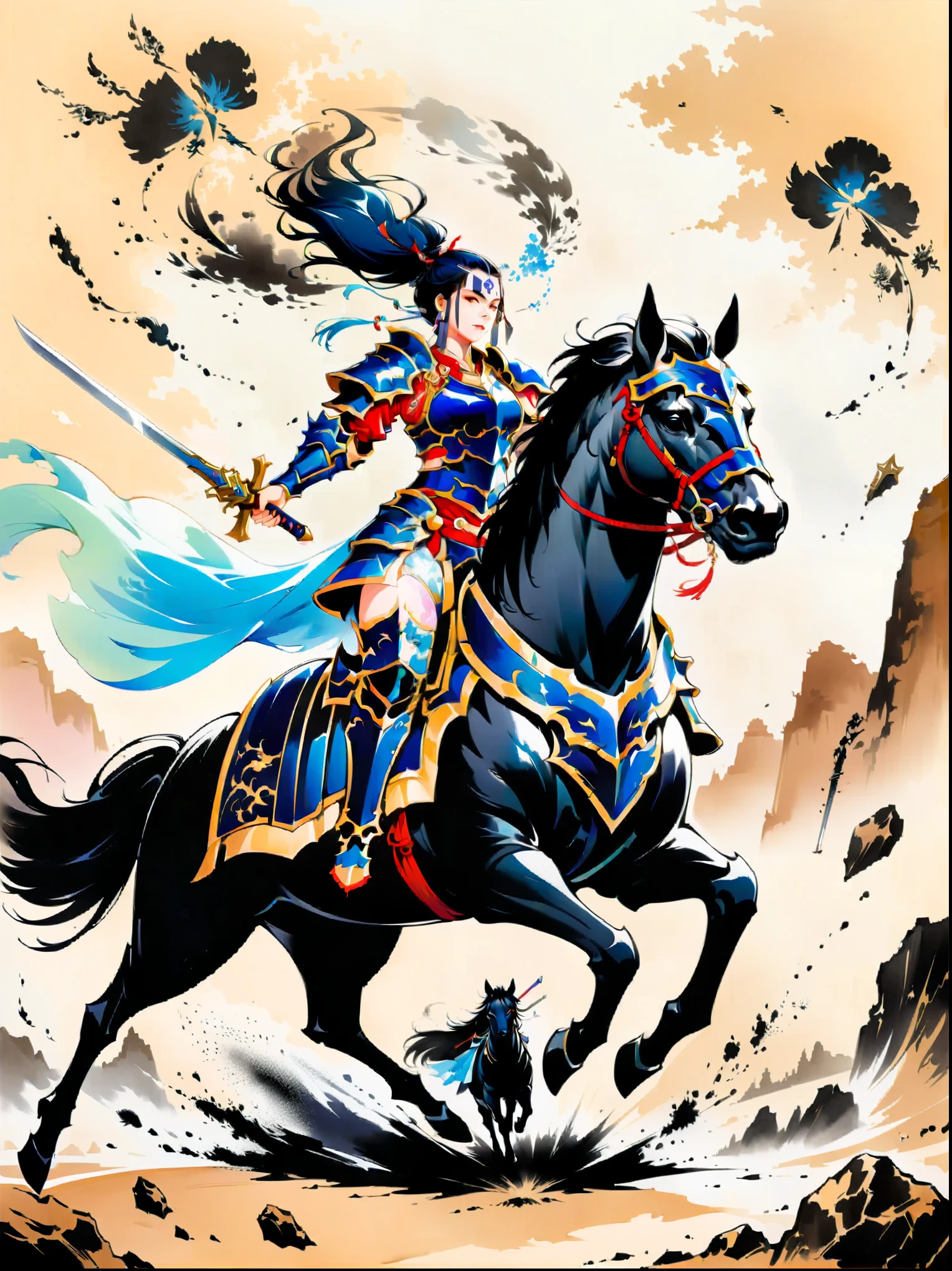 Ink painting，((imagine))，((whole body))，((Beautiful woman wearing dark blue Warring States armor)), (Anatomically correct and precise facial structure, detailed facial depiction, and delicate facial features)，on a black horse, 机械手臂握着长sword, A desert behind you，sword，Flying sand and rocks, Ink martial arts style,  (anatomically correct)，Ultra HD resolution，Freehand style，majestic，Natural light，(first-person view, masterpiece, ccurate, anatomically correct, high details, best quality, 8k)