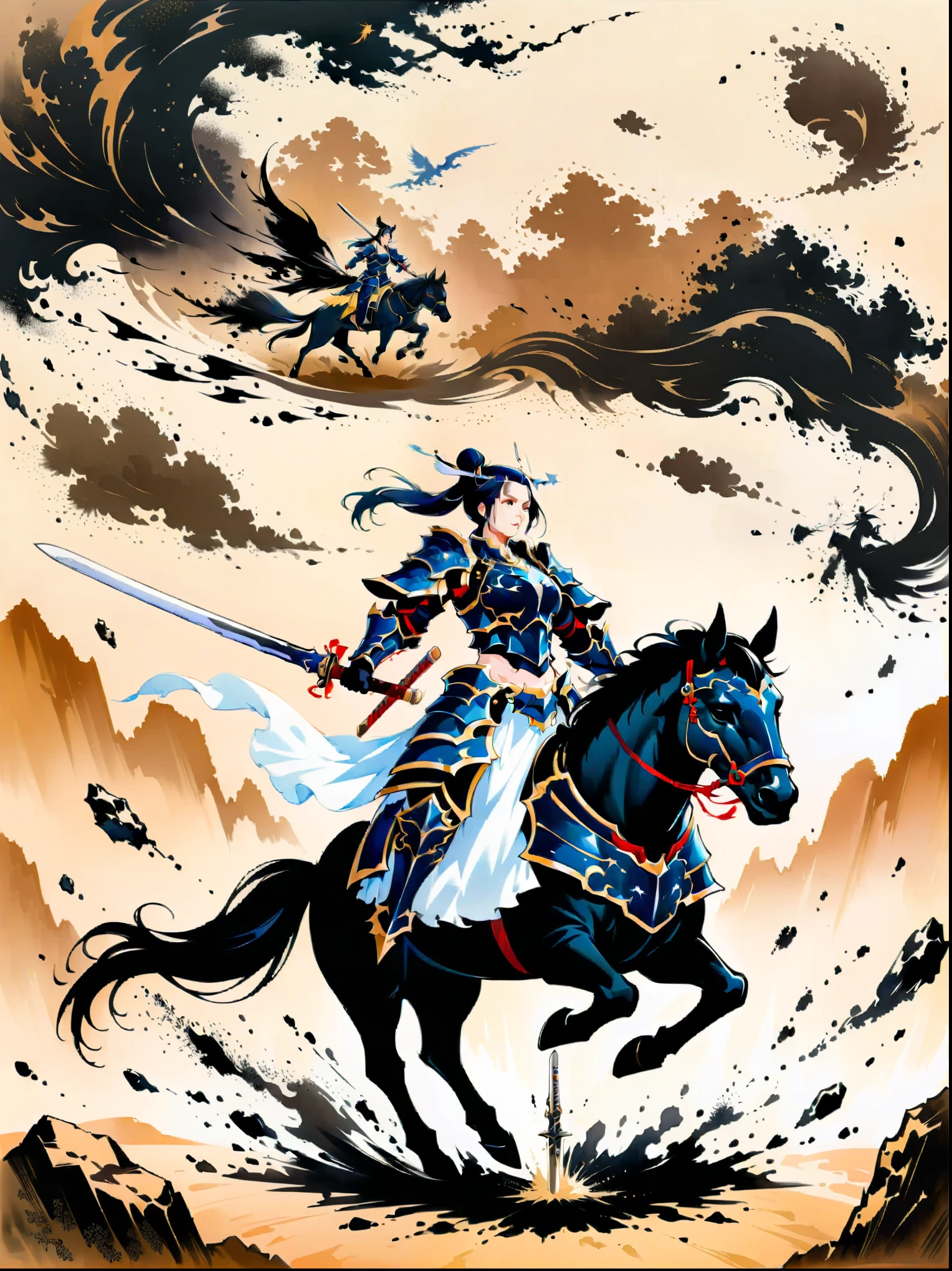 Ink painting,((imagine)),((whole body)),((Beautiful woman wearing dark blue Warring States armor)), (Anatomically correct and precise facial structure, detailed facial depiction, and delicate facial features),on a black horse, 机械手臂握着长sword, A desert behind you,sword,Flying sand and rocks, Ink martial arts style, (anatomically correct),Ultra HD resolution,Freehand style,majestic,Natural light,(first-person view, masterpiece, ccurate, anatomically correct, high details, best quality, 8k)