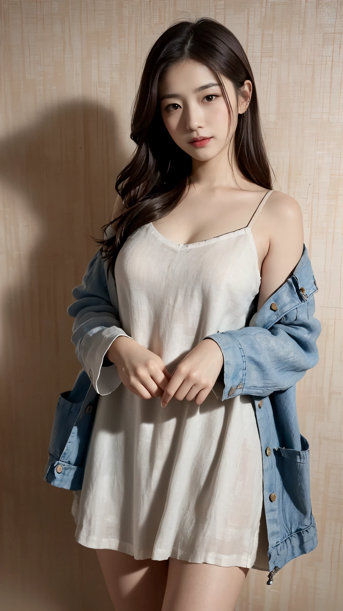 ((top quality, 8K, masterpiece:1.3)), (focus control:1.2), (Perfect Body Beauty:1.4), ((delicate hair)), (Highly detailed face and skin texture), fair eyes, double eyelid, (shiny skin:1.3), 1 woman, (dark brown wavy hair), (beautiful teeth), very small face, smile, Concentrate upon: 1.2, socks, fantastic garden, matted hair, droopy eyes, (linen dress:1.4), japanese girl, (huge wallpaper background:1.4), A variety of colors, Ramie short jacket, (Cowboy Short:1.4), sexy,