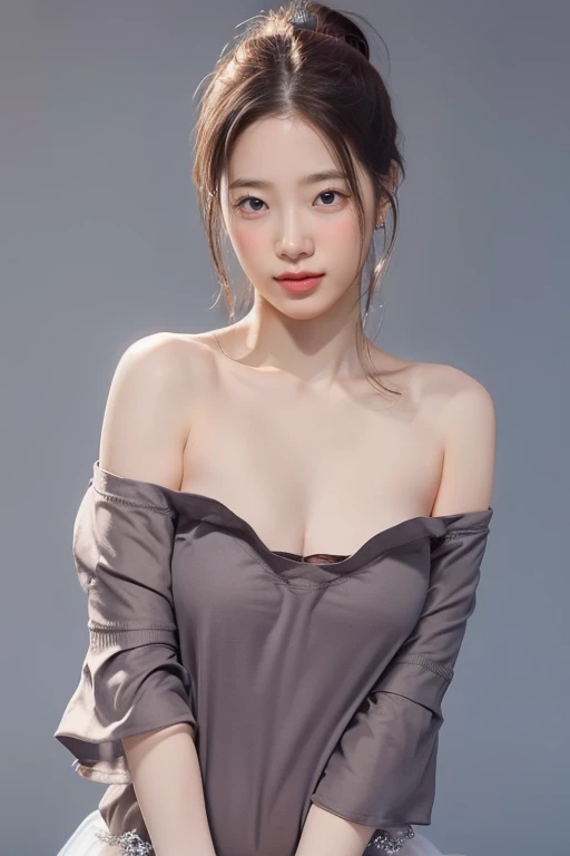 highest quality, masterpiece, ultra high resolution, (realistic:1.4), Raw photo, 1 girl aged 18, simple gray background, ((too much exposure、ballerina、I can see the cleavage、lean forward、off shoulder、nipple)), looking at the viewer