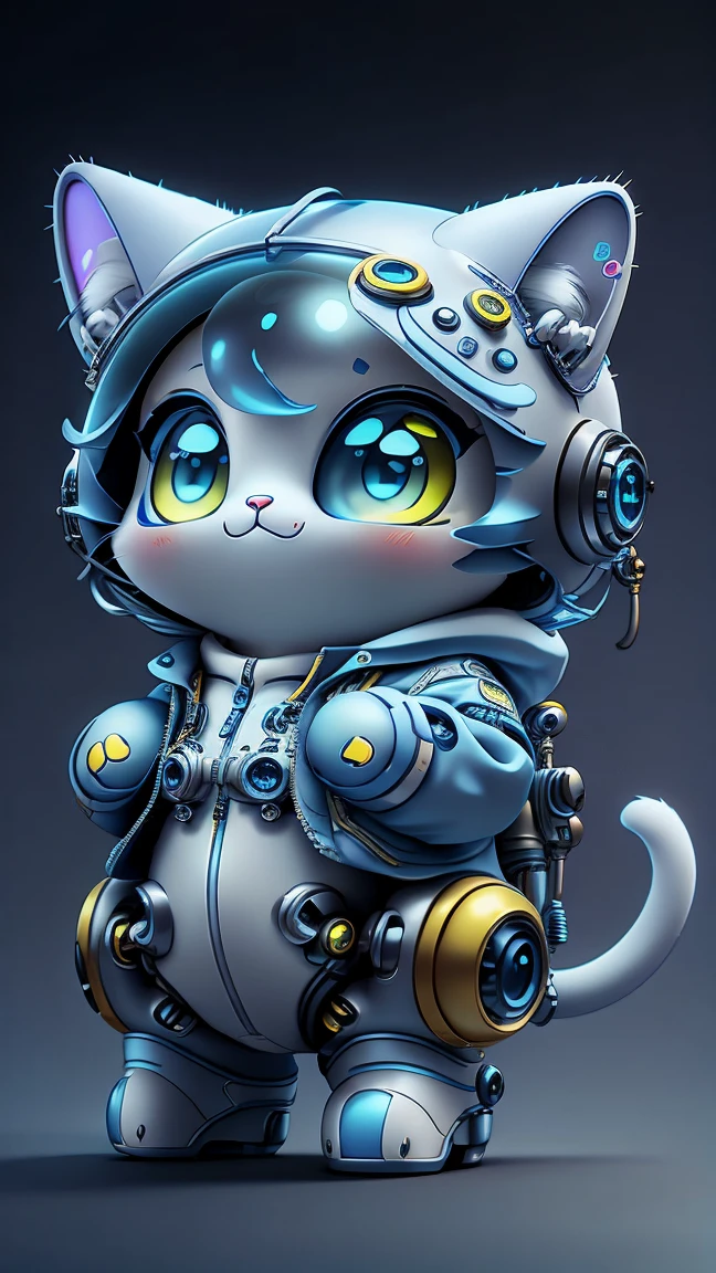 A mini cute surreal futuristic mechanical cat wearing a blue jacket. blue skin. cinematic, Super detailed, White gradient background , Very detailed, zoom out, yellow eyes