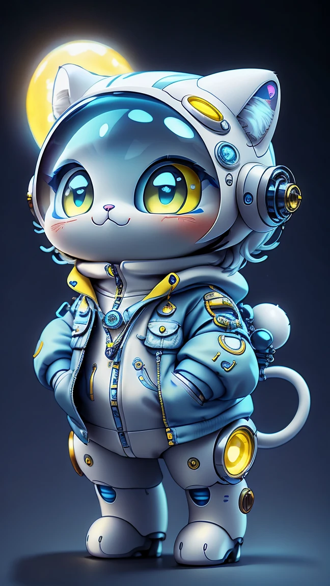 A mini cute surreal futuristic mechanical cat wearing a blue jacket. blue skin. cinematic, Super detailed, White gradient background , Very detailed, zoom out, yellow eyes