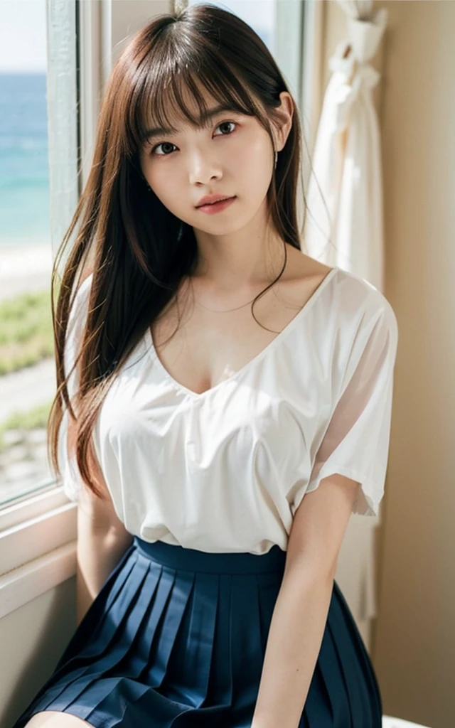  highest quality, 16k, 1 girl, 16, Raw photo, Depth of the bounds written、professional photography,  soft light, professional lighting, alone, 笑face, close,  face, close, cute, girly, goddess, delicate girl, pure beauty, Digital single-lens reflex camera, avert your eyes, Frank, Sophisticated, film grain, (目とfaceの詳細:1.0), long hair swaying in the wind, bangs, (White loose blouse、navy blue bra、The skin is transparent:1.2)、(pink pleated skirt:1.2)、(big breasts:1.4)、(cute hanging eyes)、(Seaside Office)、(You can see the ocean from the window)、(I&#39;m sitting by the window:1.0)、(You are operating a computer:1.0)
