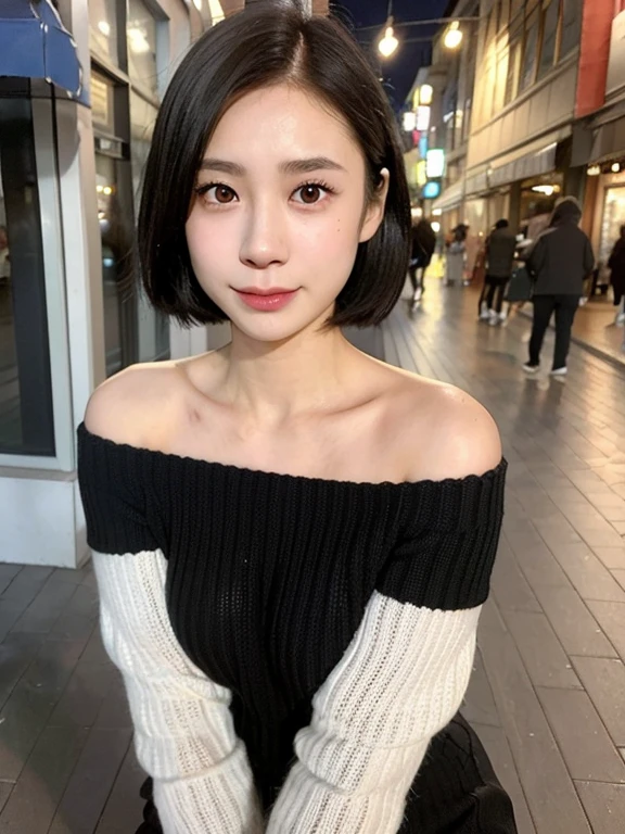 (kawaii 24 year-old Japanese girl, Nogizaka idol, Korean idol), (glossy black hair, pixie cut:1.3), (rounded face, single eyelid, no makeup, soft smiling:1.2), forehead, (wearing off-shoulder knitted sweater:1.3), (well shaped extra small breasts), (looking at viewer:1.2), BREAK, (at night street in downtown background:1.3), (dynamic angle:1.3), BREAK, (masterpiece, best quality, photo realistic, official art:1.4), (UHD, 8K quality wallpaper, high resolution, raw photo, film grain:1.2), (shiny skin), professional lighting, physically based rendering, award winning, (perfect anatomy, highly detailed skin textures, extremely detailed face and eyes, well drawn glittering pupils), Carl Zeiss 85 mm F/1.4, depth of field, 1girl, solo,