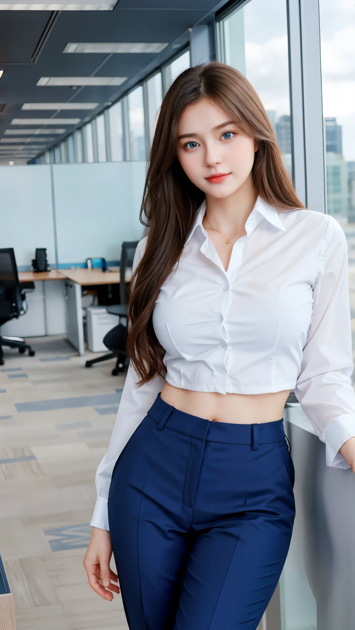 Gorgeus Girl, Beautiful, , 20 Years Old, White Skin, Beside, Sexy Pose, business suits, Blue Eye, Muscles, Bokeh, Modern office Background, Masterpiece, Fullbody Shot, woman trousers