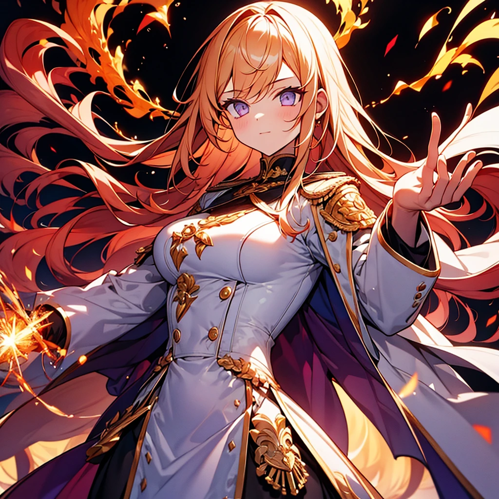 1 girl.white uniform,white Jacket,Jacket,cane,woman,Has a weapon,Flames flutter,golden hair,purple eyes