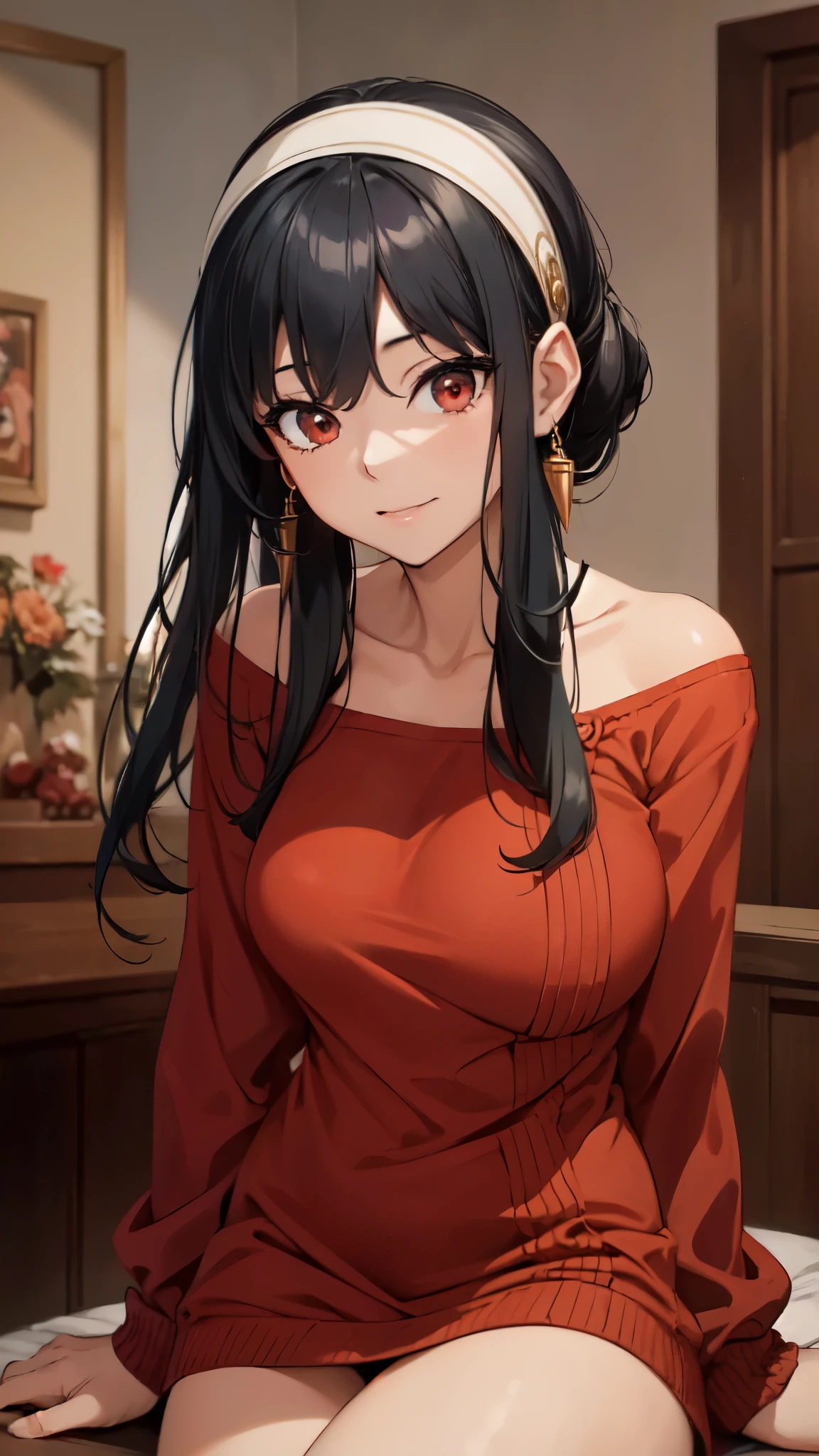 (High resolution,masterpiece,Ultra high detail:1.3),(8k),1 girl、Bjorf、black haired、short hair with long hair、white hair band、26 years old,Smile,(Aesthetic Anime Eyes:1.3),Kamimei,(cowboy shot)、open your mouth、Please show your teeth and smile、bring your face closer、red eyes、gold earrings、jewelry、off shoulder、red sweater、long sleeve,(Beautiful neck,clavicle),cleavage:0.8),beautiful thighs,beautiful feet,sitting,