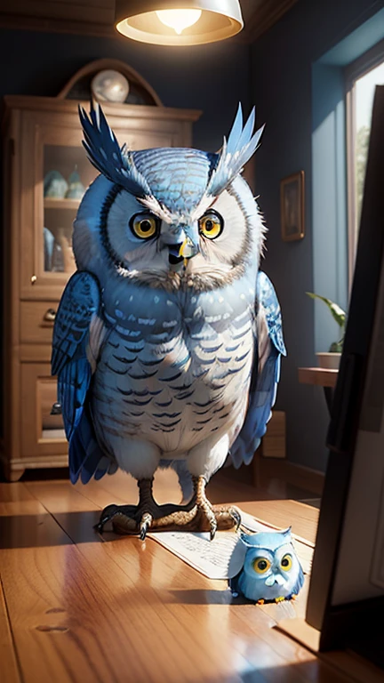 Cute little blue owl waving hello Unreal Engine, Comfortable indoor lighting, art station, detailed, paint by numbers, cinematic, Mark Ryden and Pixar&#39;s character design, octane rendering