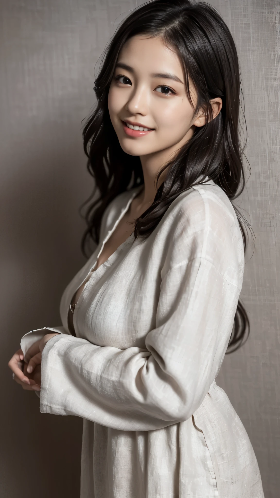 ((top quality, 8K, masterpiece:1.3)), (focus control:1.2), (Perfect Body Beauty:1.4), ((delicate hair)), (Highly detailed face and skin texture), fair eyes, double eyelid, (shiny skin:1.3), 1 woman, (dark brown wavy hair), (beautiful teeth), very small face, smile, Concentrate upon: 1.2, socks, fantastic garden, matted hair, droopy eyes, (linen dress:1.4), japanese girl, (huge wallpaper background:1.4), A variety of colors, Ramie short jacket, (Cowboy Short:1.4), sexy, 