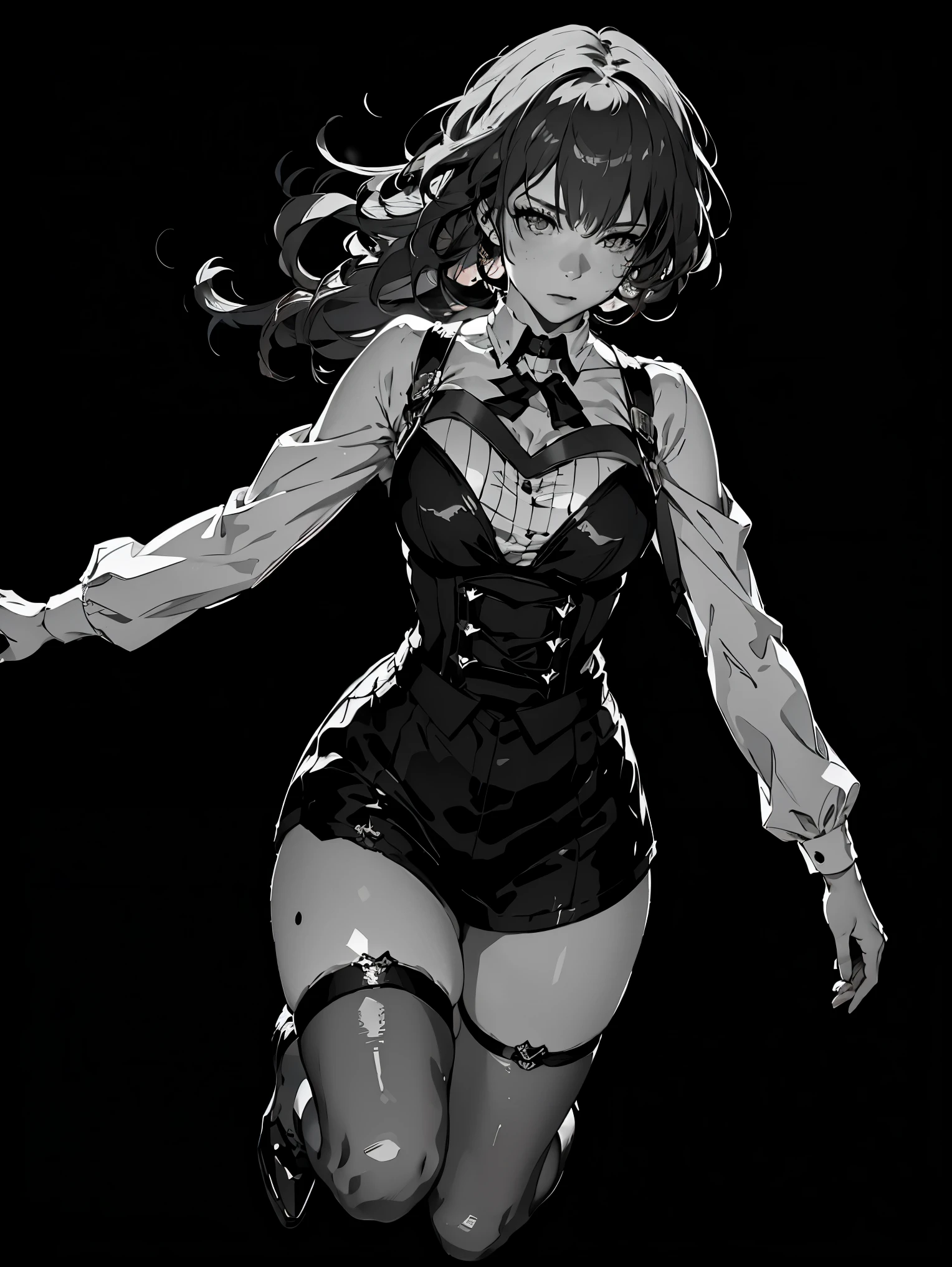 (best quality, 4k), (ultra details ayes), epic realistic, Kafka character, honkai star rail , stocking suspenders, anime style, vintage, (black monochrome background) best form, details, jump up, shadow and light, professional photography, btoom background 