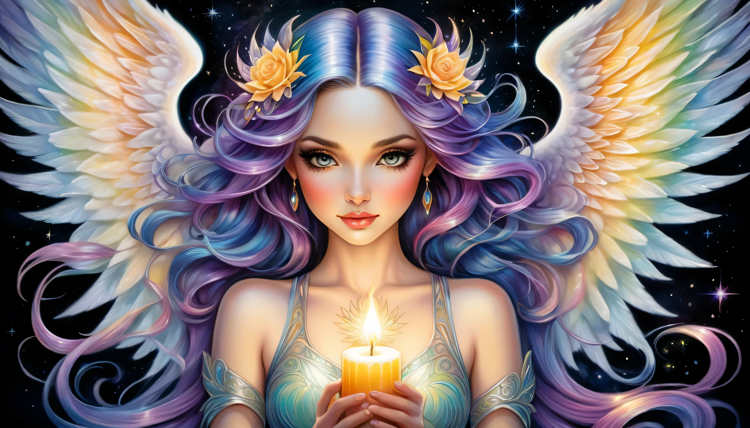 An awe-inspiring watercolor and ink masterpiece inspiring by Jasmine Becket-Griffith and Anne Stokes featuring an enchanting, ethereal, charming woman emanating celestial energy and holding a glowing candle in her hands, and sports angel wings. Extraordinarily well detailed, serene and caring face full of compassion. The artwork is alive with pastel hues, rainbow colors, and a double exposure effect, creating a mesmerizing interplay of light and shadow. Golden light emanate from the central radiant light, casting a soft glow and a mysterious aura around the subject. Drawing inspiration from the styles of Mab Graves and Artgerm, this piece showcases delicate brushstrokes, vivid light effects, and an intricate interplay of dark fantasy elements. The HDR 8K, SSAO, and high-definition rendering enhance the vibrant colors and intricate details, making this illustration truly out of this world, fashionable, and immersive. Golden ratio in the proportions.