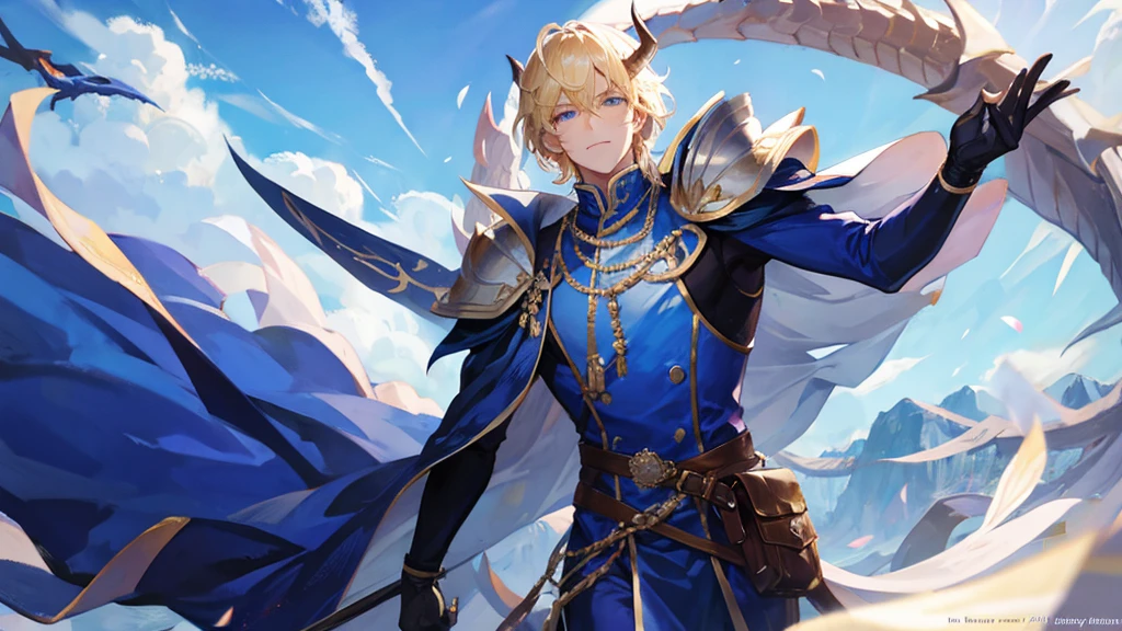 handsome boy, blonde hair, blue eyes, royal blue clothes, white horns, huge dragon surrounding him, 8k resolution, sky