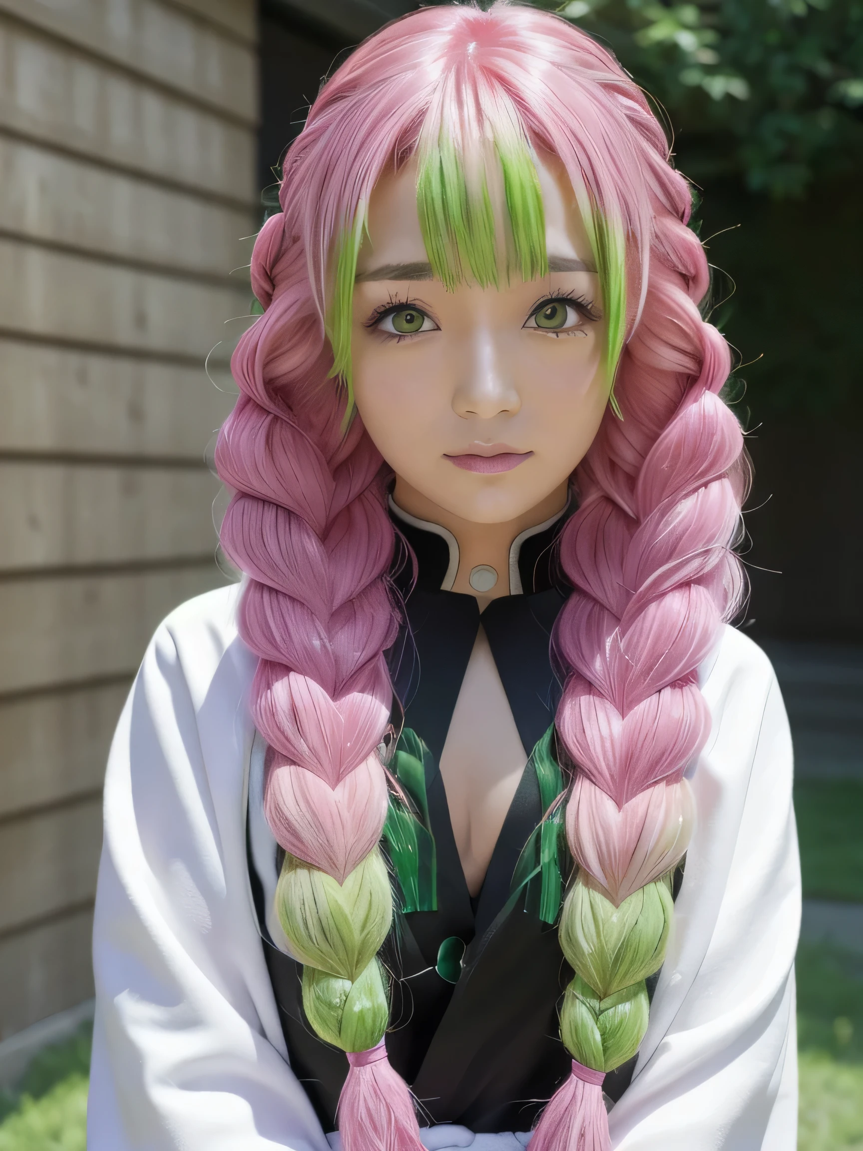 kanroji_mitsuri、1girl (Master peace、) (sthe highest qualit)(Shiny hair)(Glossy skin)、(gradation hair、GREEN、pink hair、Braids:1.2)、