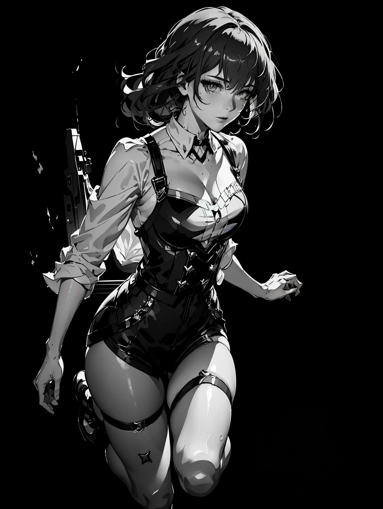 (best quality, 4k), (ultra details ayes), epic realistic, Kafka character, honkai star rail , stocking suspenders, anime style, vintage, (black monochrome background) best form, details, jump up, shadow and light, professional photography 